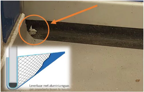 Een oranje cirkel wijst naar een beschadigd gebied op een donkere metalen staaf boven een wit product met blauw driehoekig design en Nederlandse tekst over aluminium gaskwaliteit.