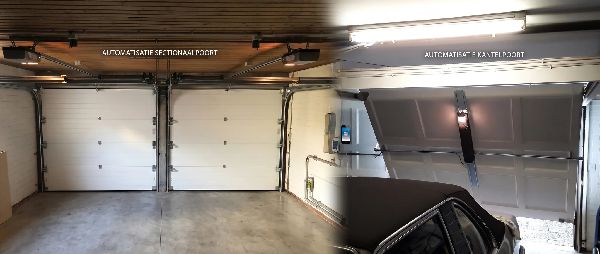 Garage met twee witte automatische sectionaalpoorten aan linkerkant en een grijze automatische kantelpoort aan rechterkant.