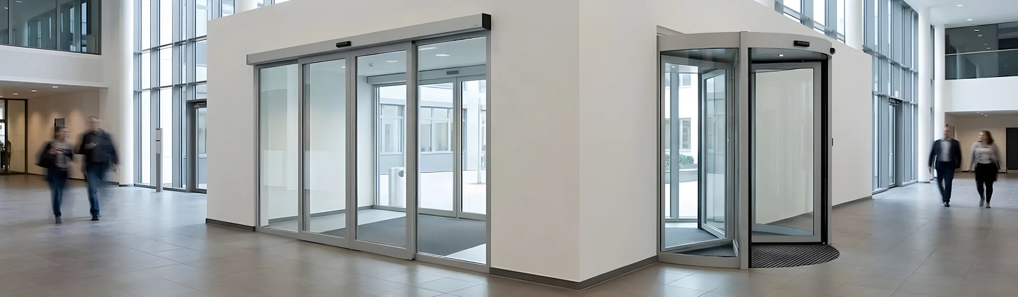 Moderne glazen automatische deuren met grijze aluminium frames in een hel kantoorgebouw met personen die voorbijlopen.
