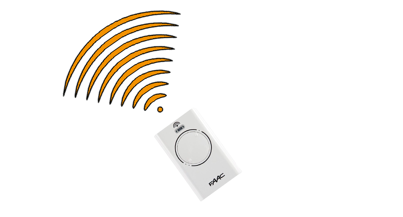 Witte handzender met draaiknop en oranje radiogolven die het draadloze bereik symboliseren.
