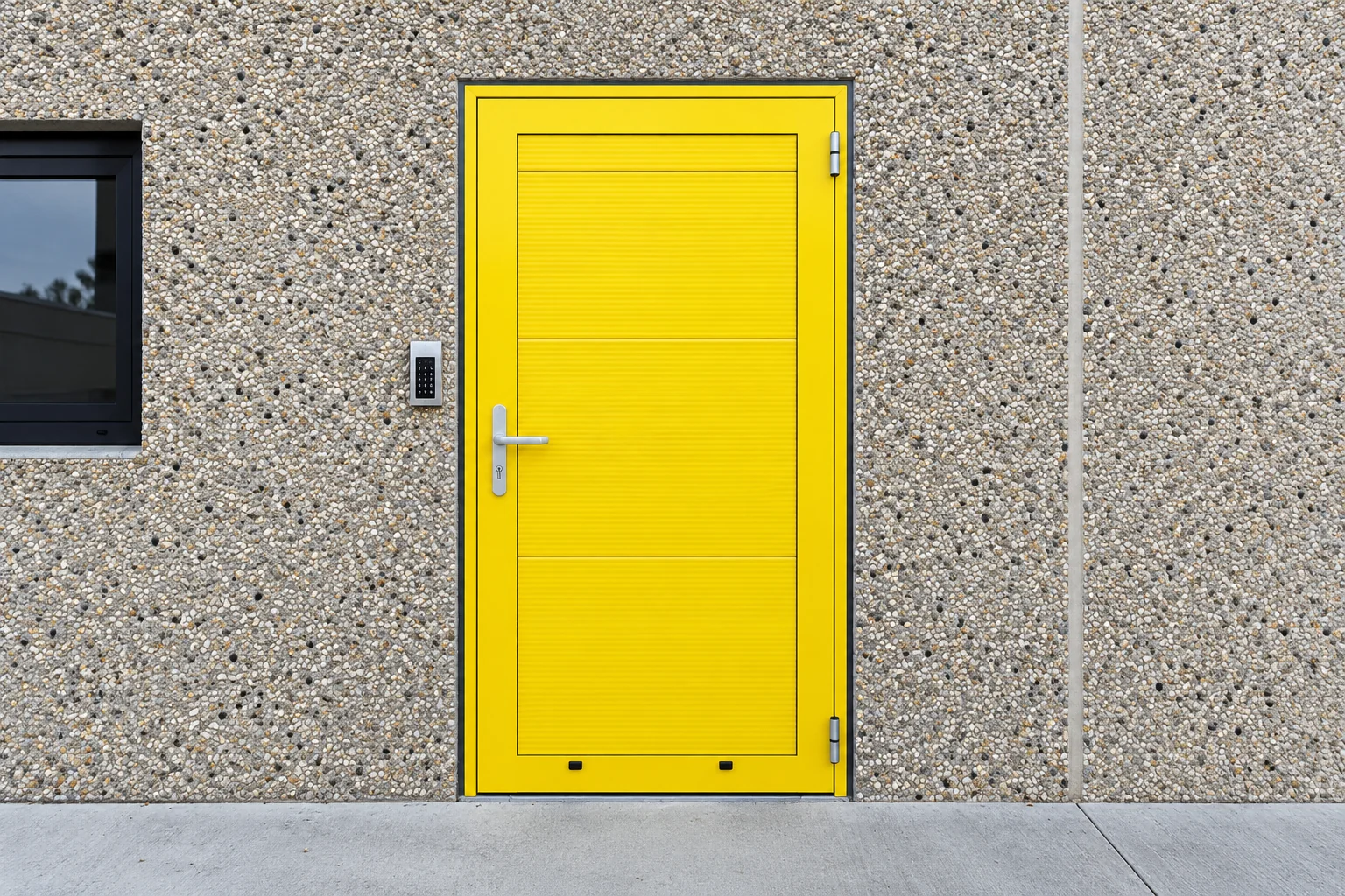 Gele aluminium loopdeuren in een grijze steenachtige gevel met een zwart raam links.
