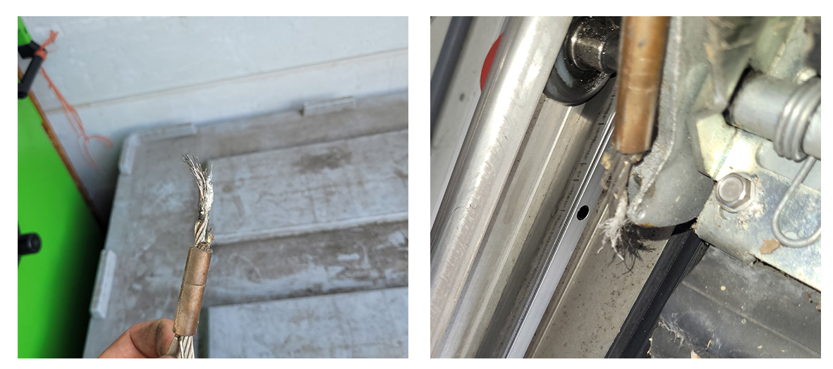Twee foto's tonen beschadigde staalkabels: links een gerafelde kabeluiteinde in hand, rechts een versleten kabel met breuk in poortmechanisme.