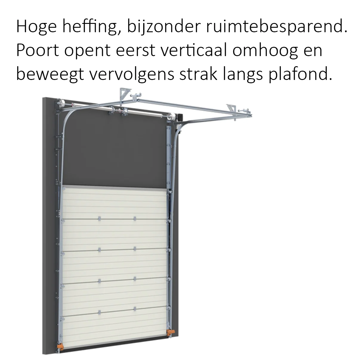 Garagedeur met verticaal openend railsysteem en horizontale beweging langs plafond.