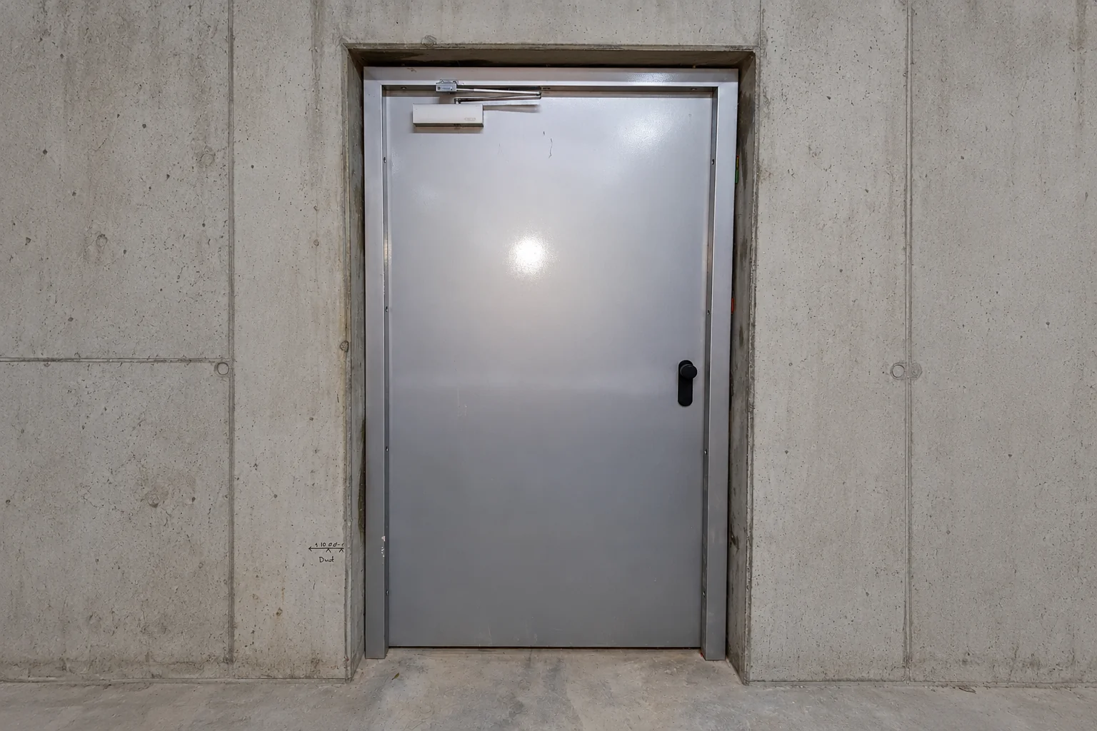 Zilveren metalen deur met sleutelgat in beton betonnen muur met bovenaan een deurcloser zichtbaar.