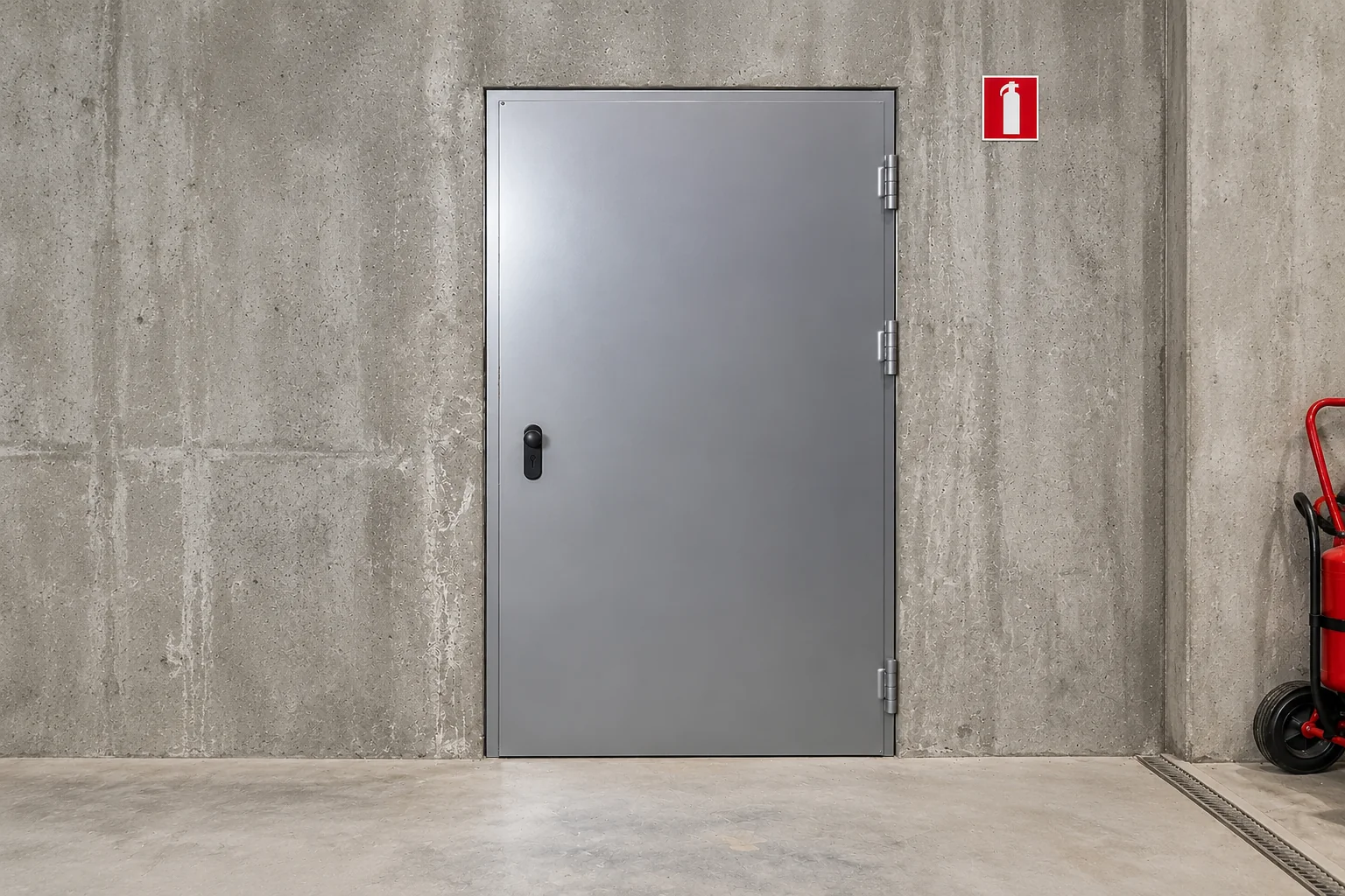 Grijze metalen deur met zwart handvat in betonnen muur, met rode brandblusser en brandblusserteken ernaast.