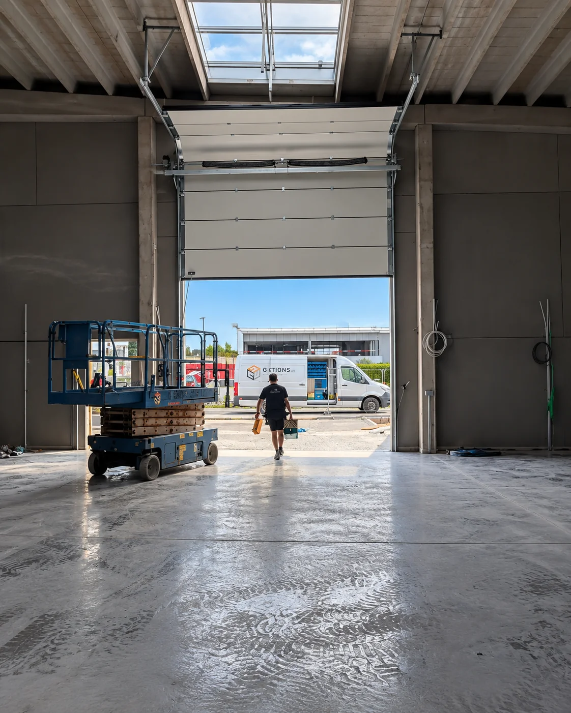 Binnenkant van een groot magazijn of bouwplaats met open garagedeur, een blauwe hefplatformwagen en een persoon in zwarte kleding.