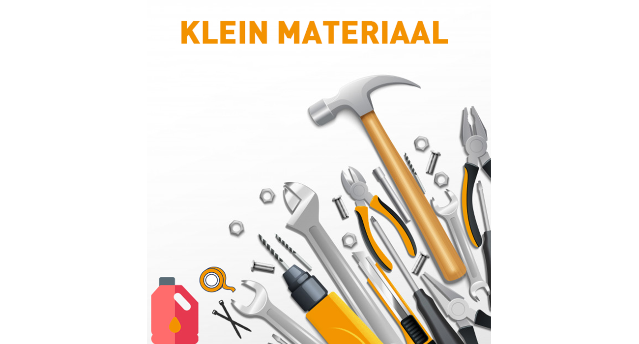 Klein materiaal omvat werkgereedschap zoals hamers, schroevenders, sleutels, tang, spijkers, bouten en schroeven.
