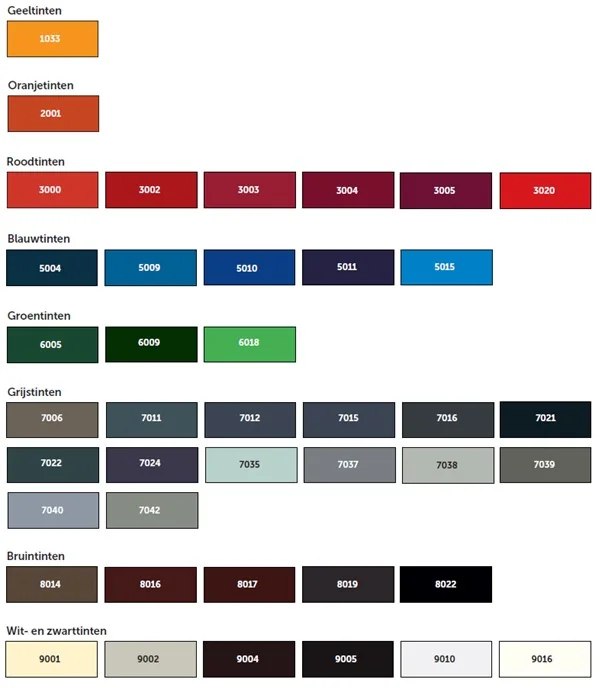 Kleurenpalette met genummerde verfkleuren verdeeld in categorieën: geel, oranje, rood, blauw, groen, grijs, bruin en wit-zwart tinten.