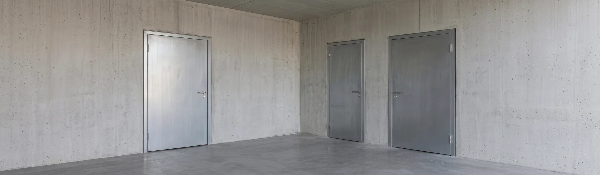 Lege betonnen ruimte met drie gesloten metalen deuren in grijstinten tegen kale wanden.