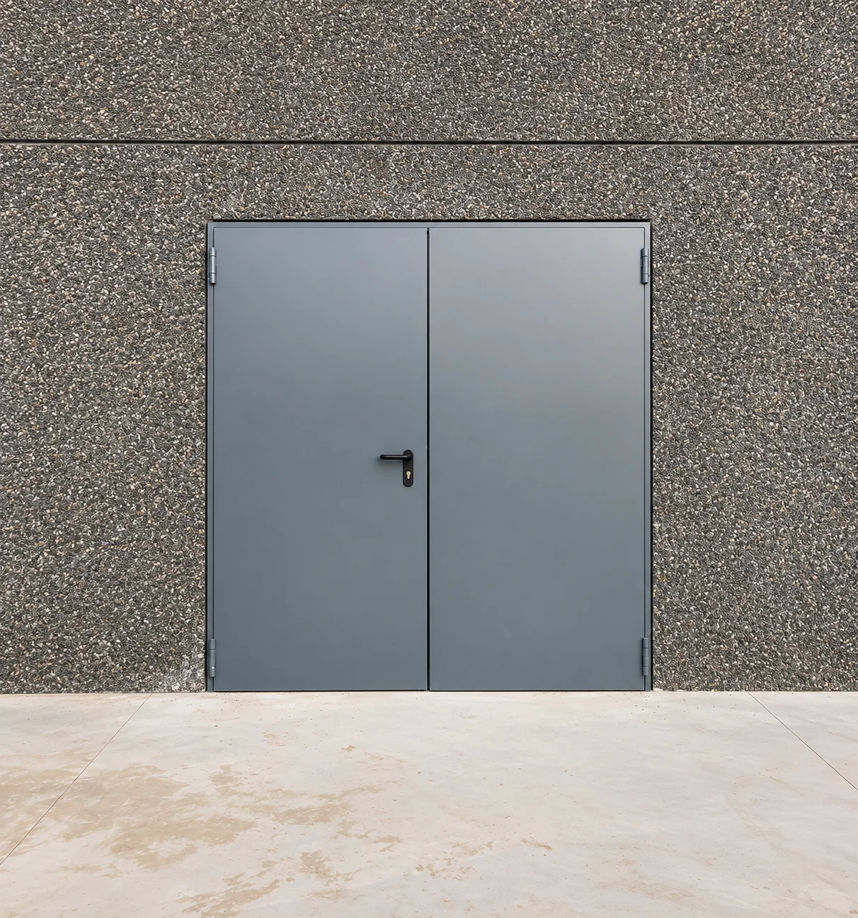 Grijze metalen dubbele deur met zwarte handgreep in een grijze betonnen muur, staand op een betonnen ondergrond.