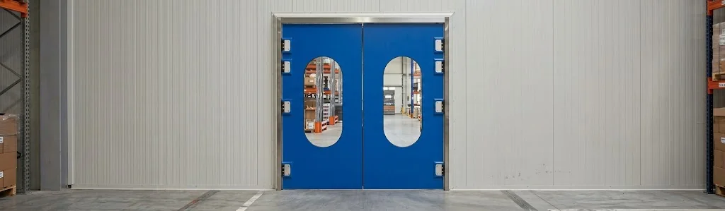Twee blauwe pendeldeuren met ovale vensters in een industrieel magazijn met grijze wanden.