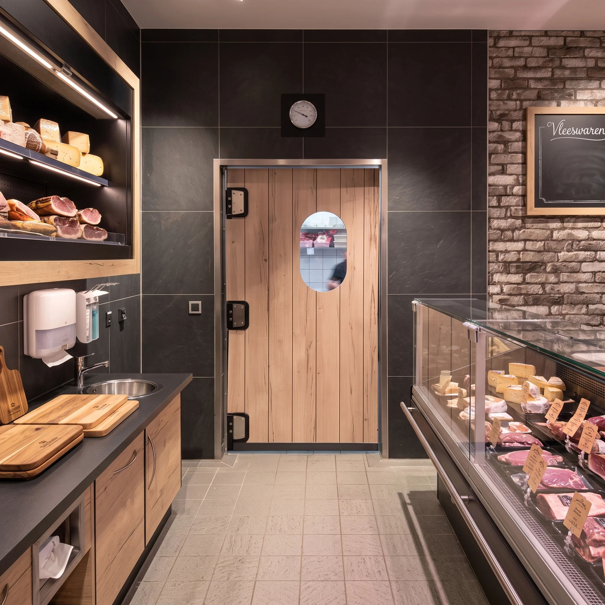 Moderne slagerij met houten pendeldeur in het centrum, omgeven door verlichte kaasschappen links en vleesvitrine rechts.