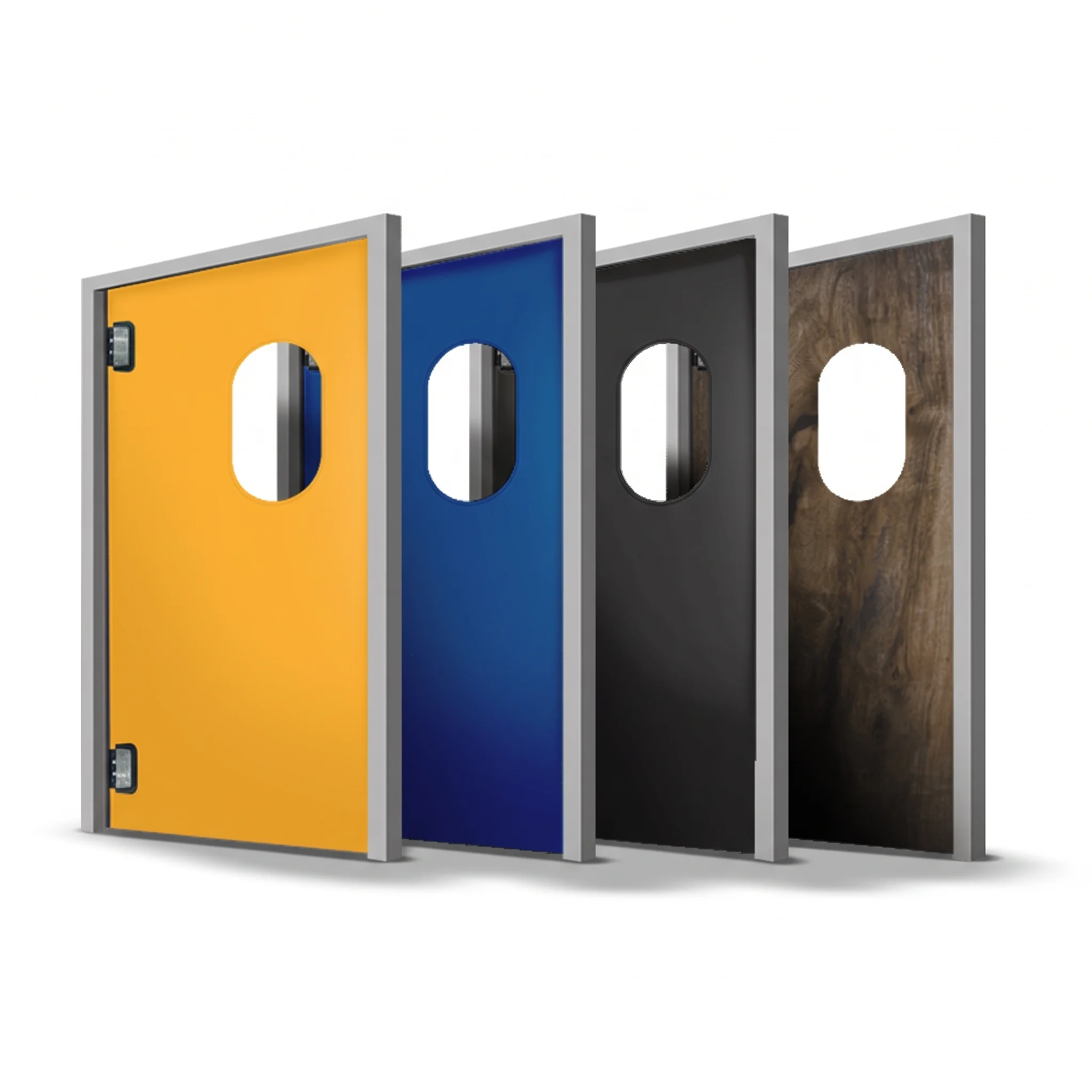 Vier pendeldeuren met grijze aluminium frames en verschillende afwerkingen: geel, donkerblauw, zwart en houtnerf, elk voorzien van een rond zichtvenster.