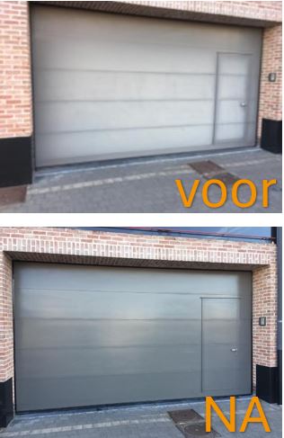 Twee foto's van een grijze sectionaaldeur in een bakstenen garage: boven vuil en verwaarloosd met tekst "voor", onder schoon en glanzend met tekst "na".