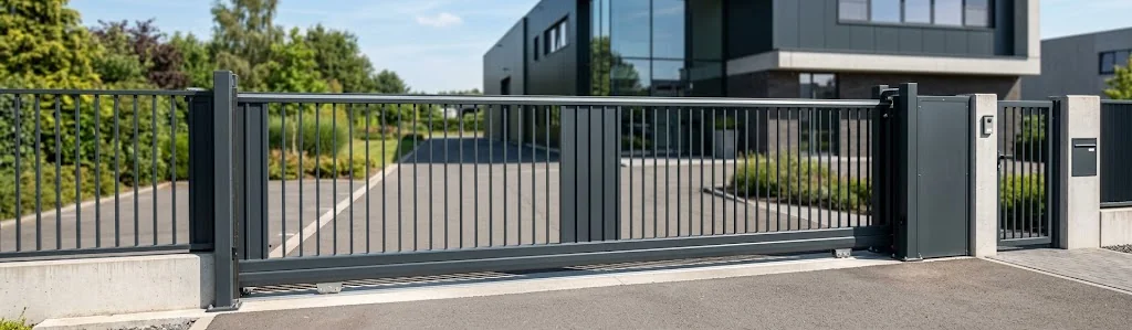 Moderne grijze schuifpoort met verticale lamellen voor een residentieel pand, met bijpassend zijhek en intercomsysteem.