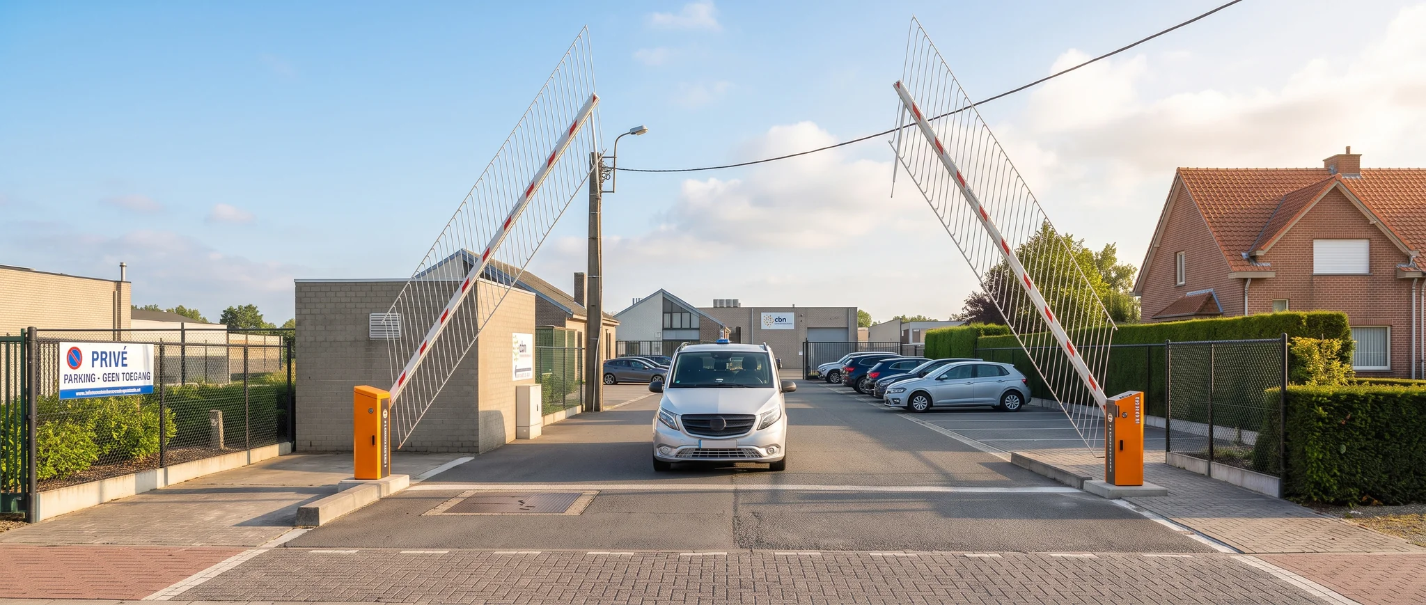 Slagbomen op een inrit naar een besloten parkeerterrein met witte auto en woningen op de achtergrond.