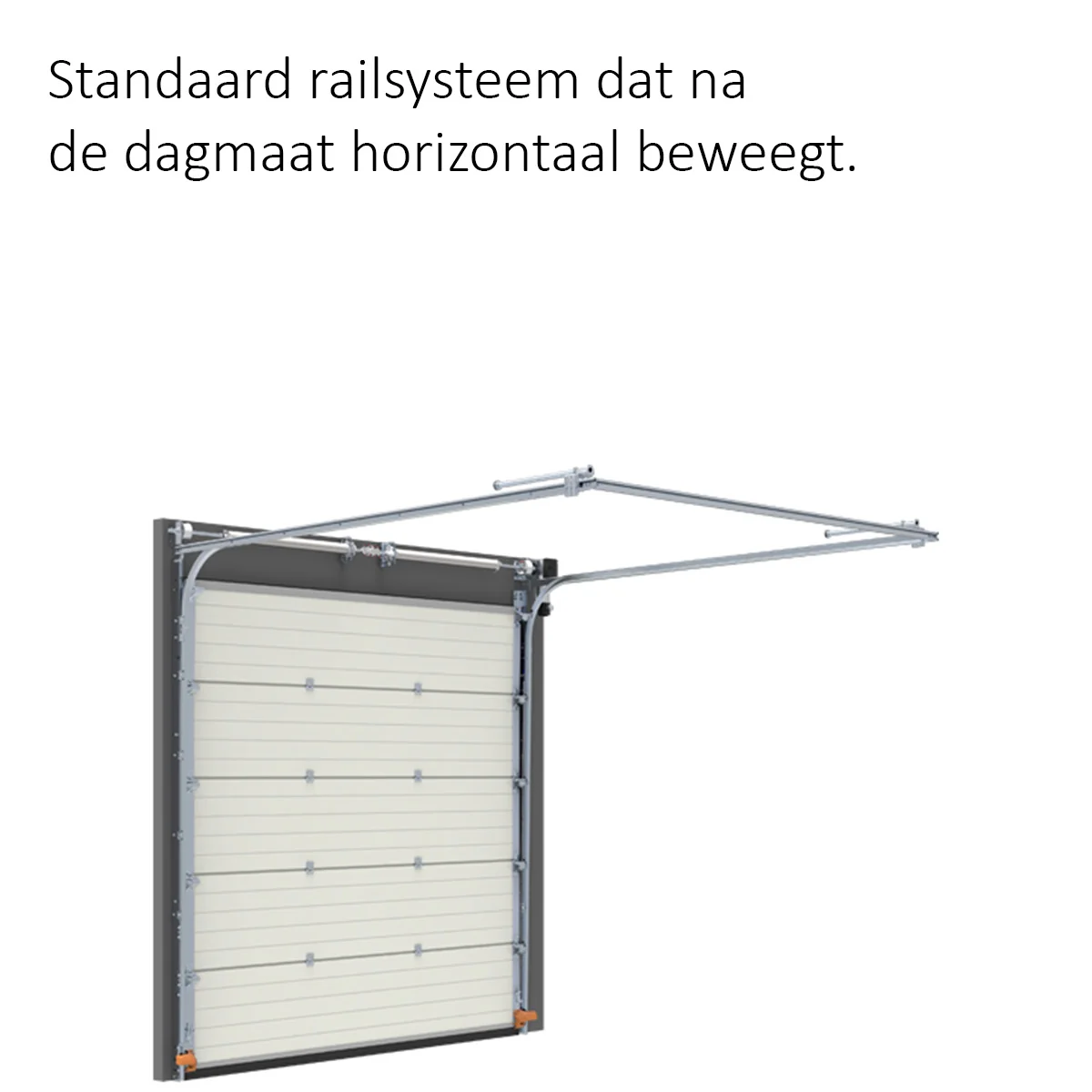 Garagedeur met standaard railsysteem dat horizontaal beweegt langs de dagmaat.