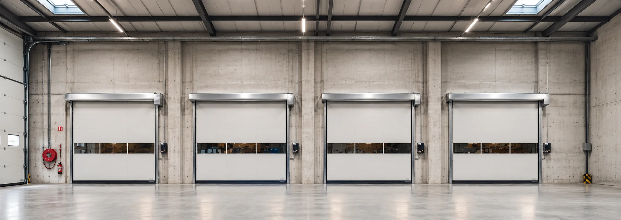 Vier witte snelrolpoorten met donkere middenstrepen in een industrieel betonnen magazijnruimte met dakramen en rode brandblusser.