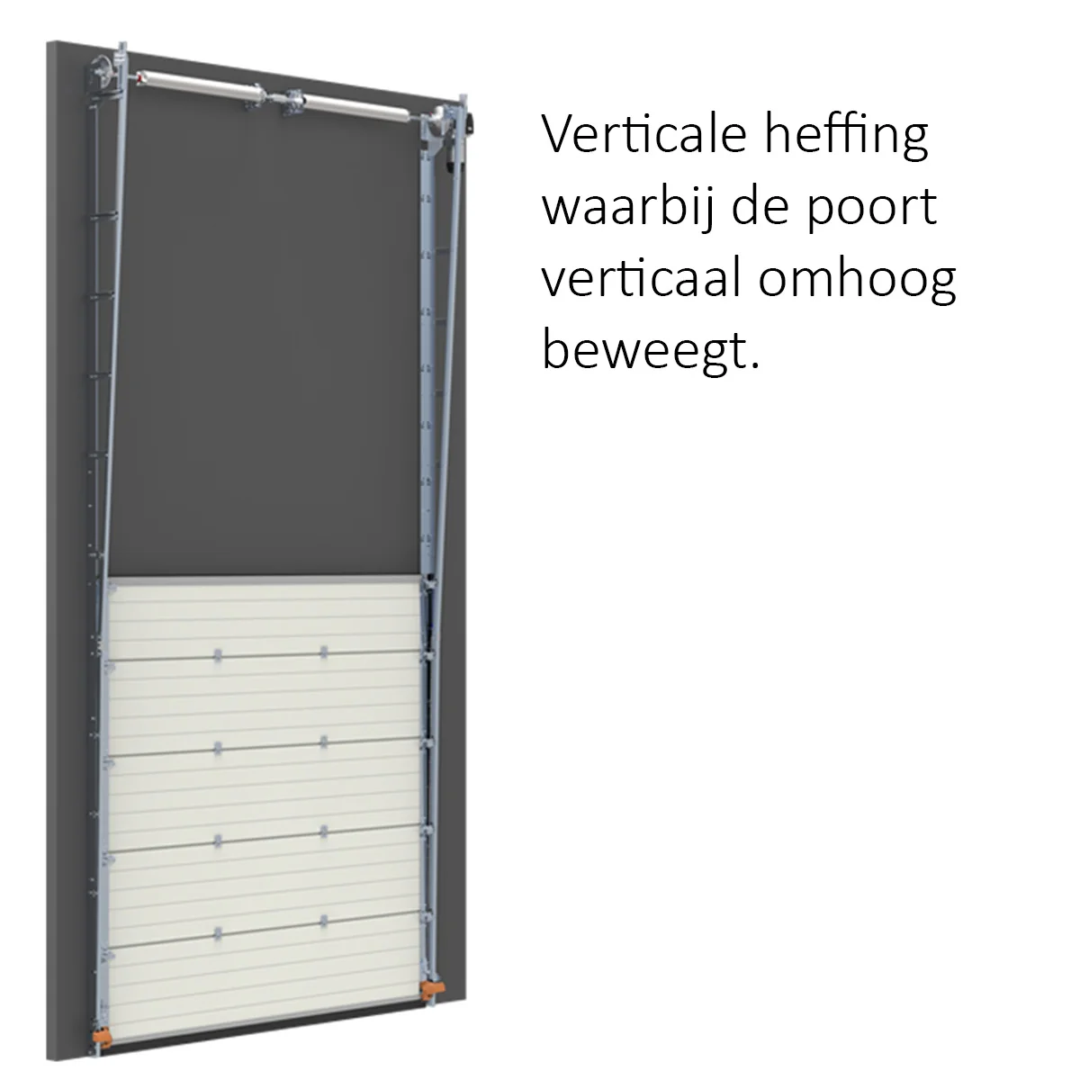 Verticale hefpoort met grijze bovenhelft en witte lamellen onderaan, ondersteund door stalen frame met rail.
