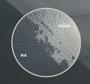 Circular before-and-after comparison showing a dirty garage door surface on the left side and a cleaned surface on the right side.