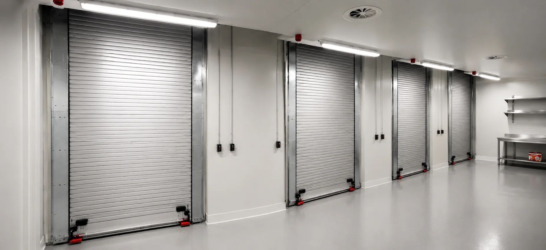 Rij van afgesloten brandwerende roldeuren met metalen frames en rode veiligheidsonderdelen in een moderne industriële ruimte.