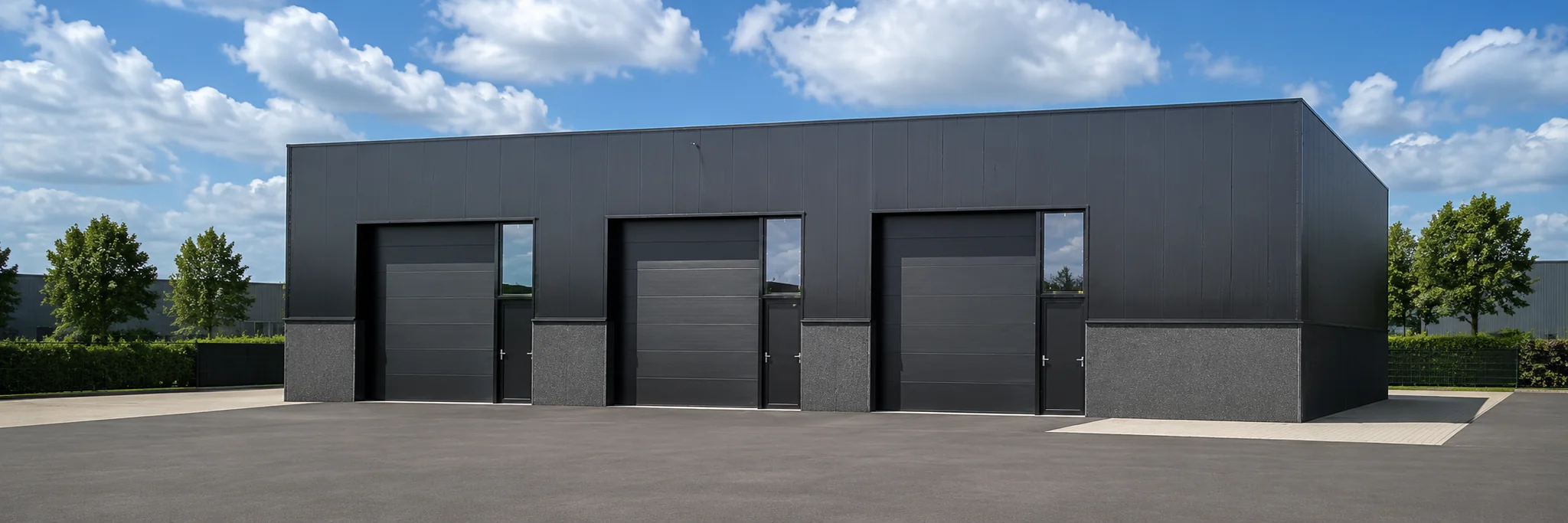Modern zwart industrieel gebouw met drie grote sectionaalpoorten en raampartijen, omgeven door groen en blauwe lucht.