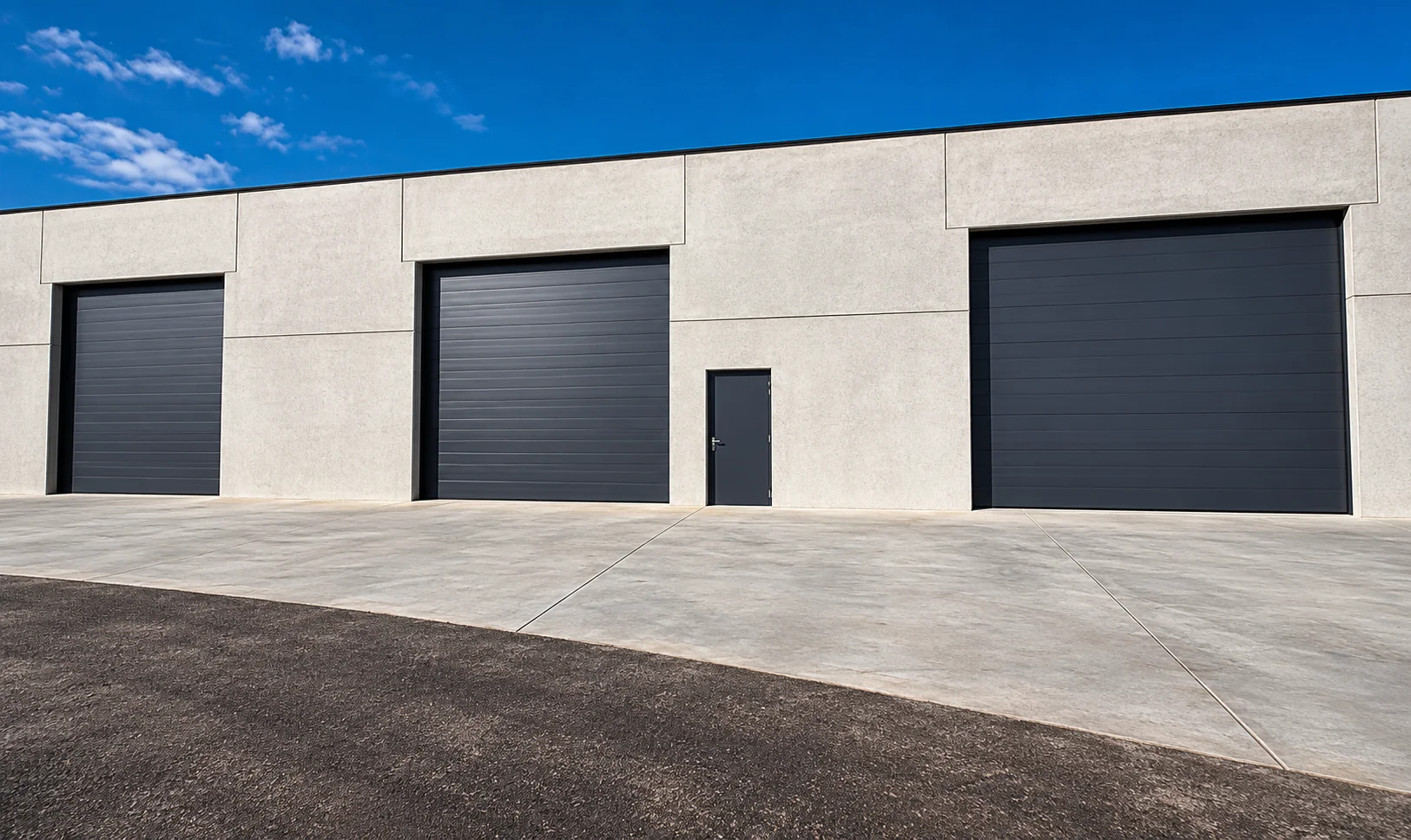 Moderne industriële garagebouw met drie grijze sectionaalpoorten en een kleine deur in betonnen gevel.