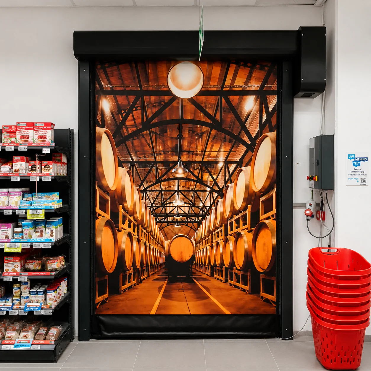 Snelrolpoort met zwarte frame toont een fotografie van een verlichte tunnel met oranje vaten aan weerszijden.