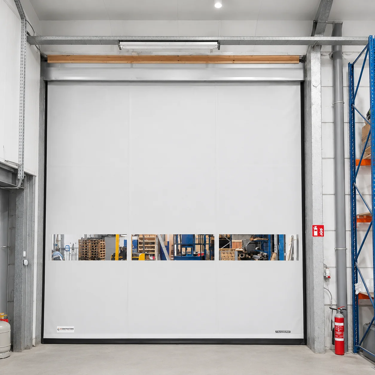 Witte snelrolpoort met horizontale fotograaf in het midden, geïnstalleerd in industrieel magazijn met blauwe stellage en rode brandblusser.