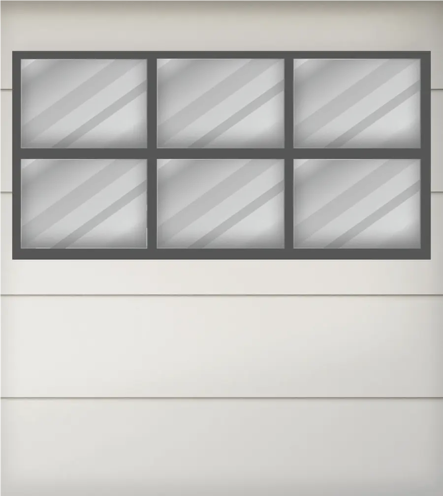 Grijze garagedeur met zes panelen en diagonale ribben in elk paneel.